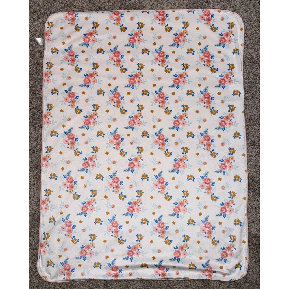 Chick Pea Floral Baby Blanket Silky Sherpa Pink White Blue 30 x 40